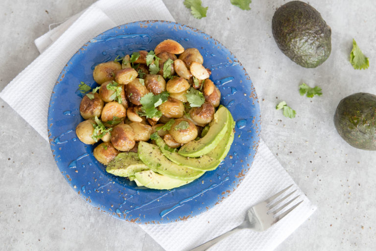 Roasted Honey-Glazed Potatoes and Garlic with Avocado