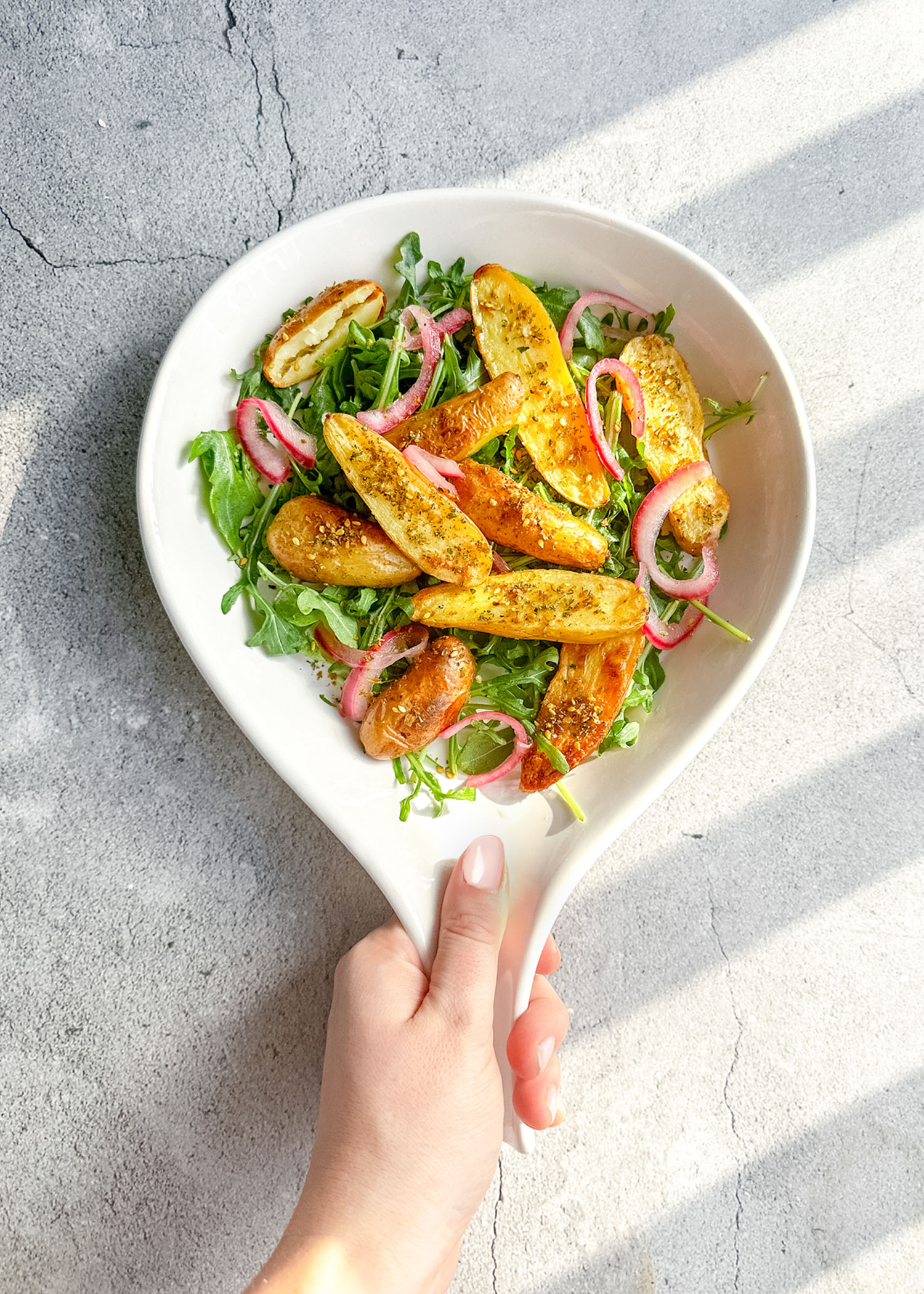 Roasted Fingerling Salad with Pickedled Red Onions and Arugula