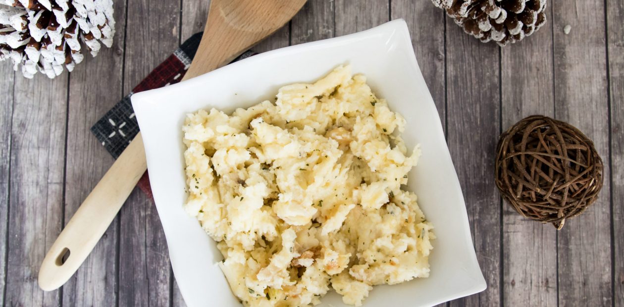 Candied Garlic Mashed Potatoes with Apple Cider Dijon Vinaigrette