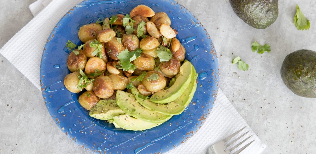 Roasted Honey-Glazed Potatoes and Garlic with Avocado